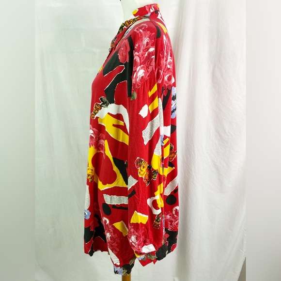 Vintage 80s Bold Abstract Floral Geometric Print Red Button Up Blouse Top XXL - Picture 3 of 7